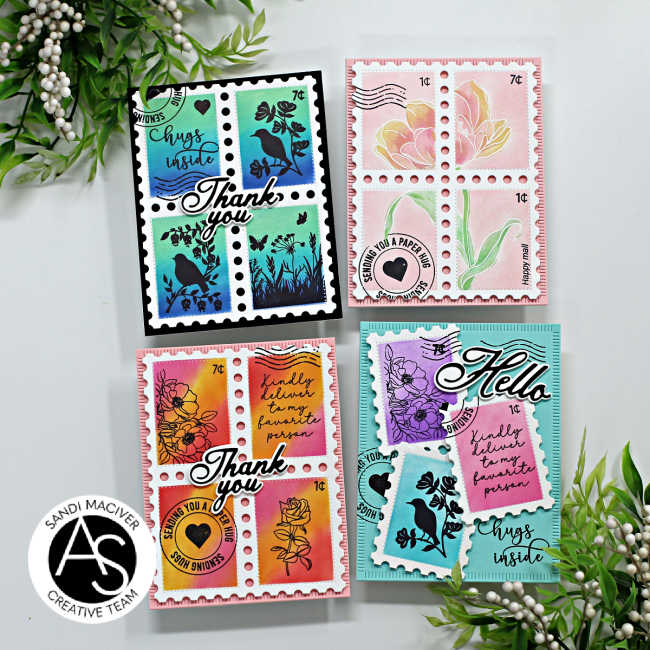 4 hand made cards in pinks, oranges and blues all with postage stamp images created with new card making supplies from Alex Syberia Designs