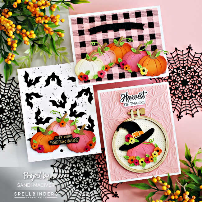 three hand made cards all in pinks oranges and blacks covered with pumpkins and flowers