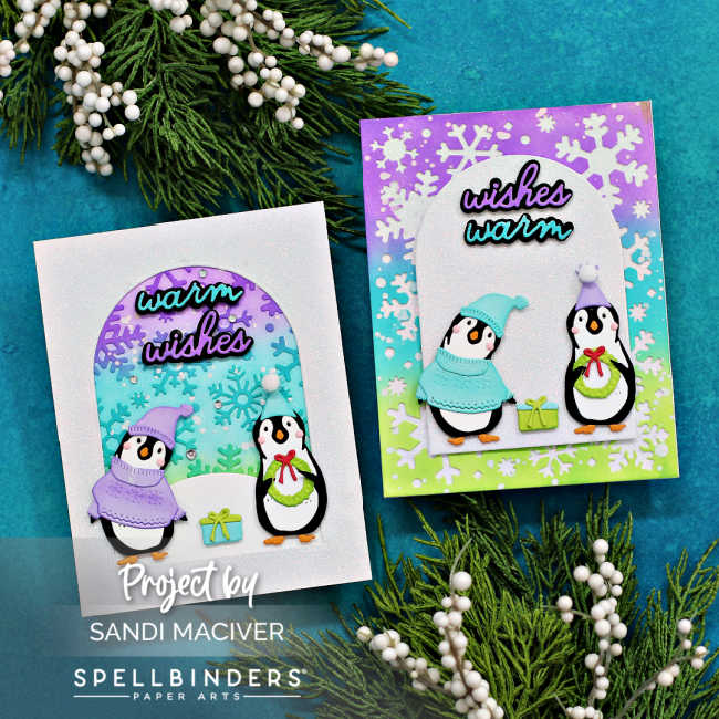 Christmas cards in purple, teal and green with little penguins dressed up for winter in sweaters and touques