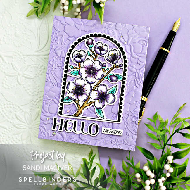 purple embossed hand made card with a center arch full of purple colored flowers