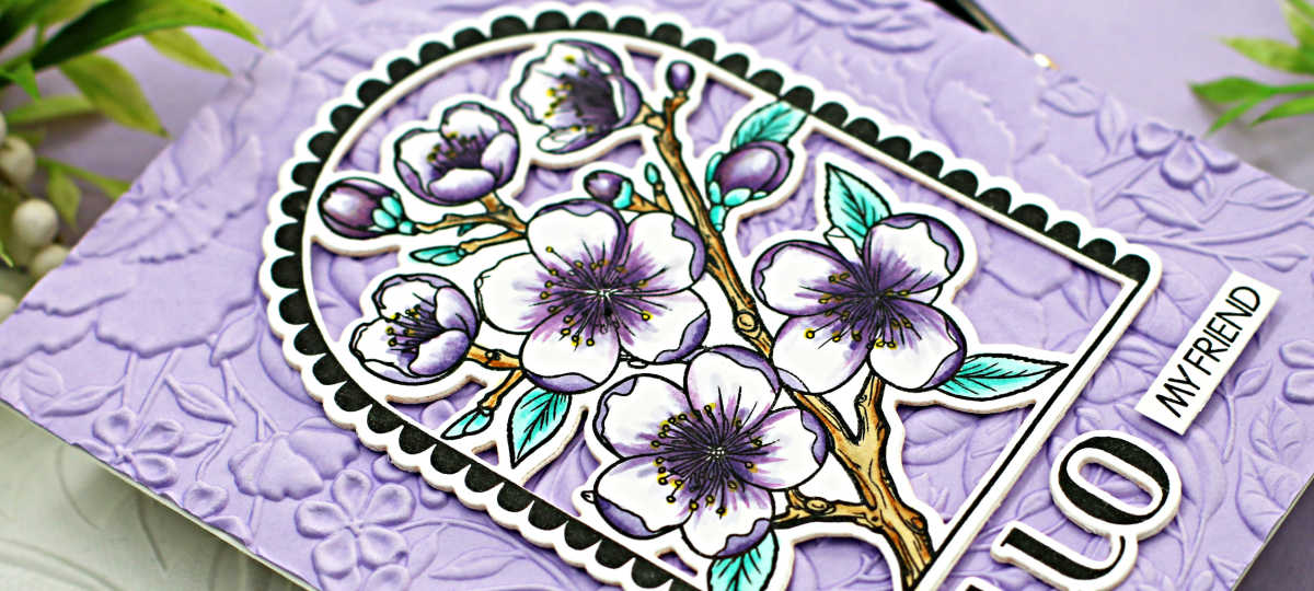 purple embossed hand made card with a center arch full of purple colored flowers 