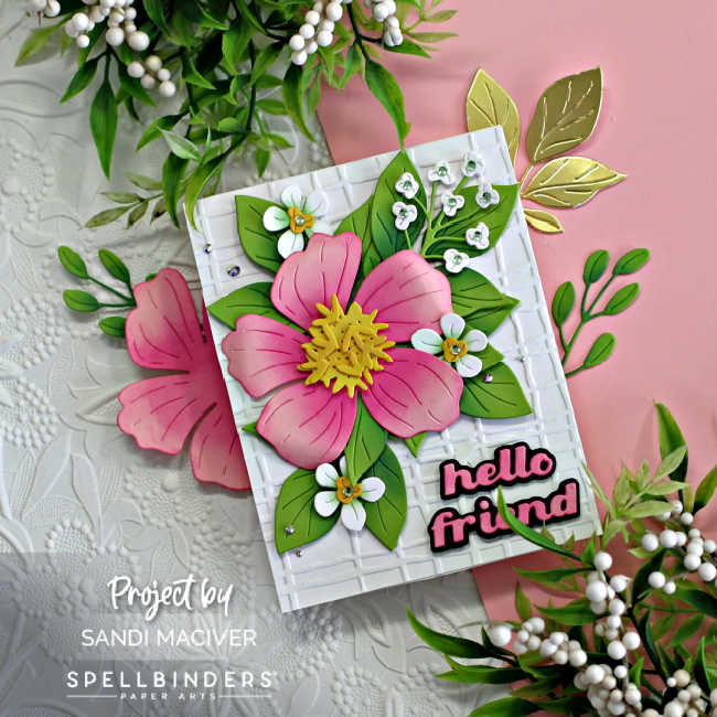 hand made greeting card with a white embossed background and a large pink flower surrounded by smaller white flowers