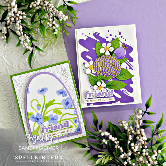 two hand made cards in purple green and white with purple flowers, green leaves and foil accents