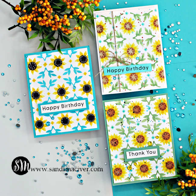 three hand made cards with a stenciled yellow and teal sunflower background and and overlay printed sentiment