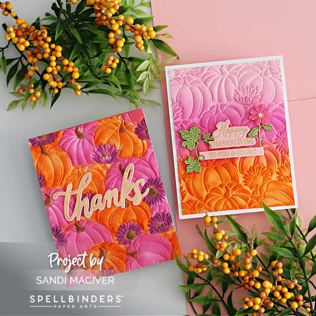 2 hand made fall cards with embossed pumpkins colored in oranges and pinks