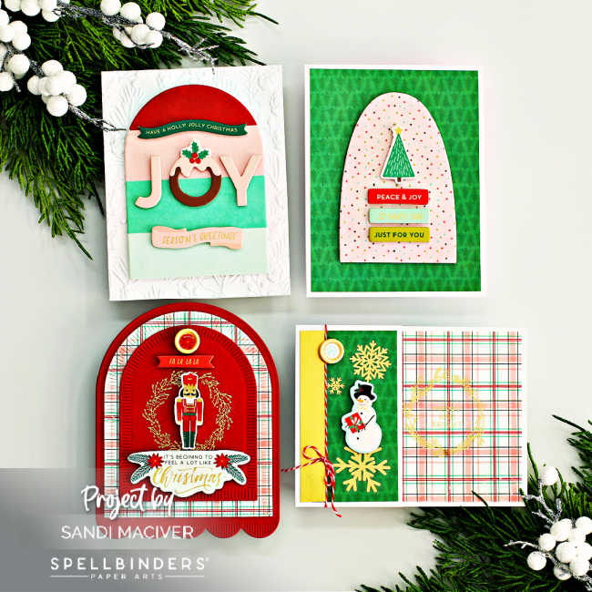 4 handmade christmas cards in reds, light greens and pinks 