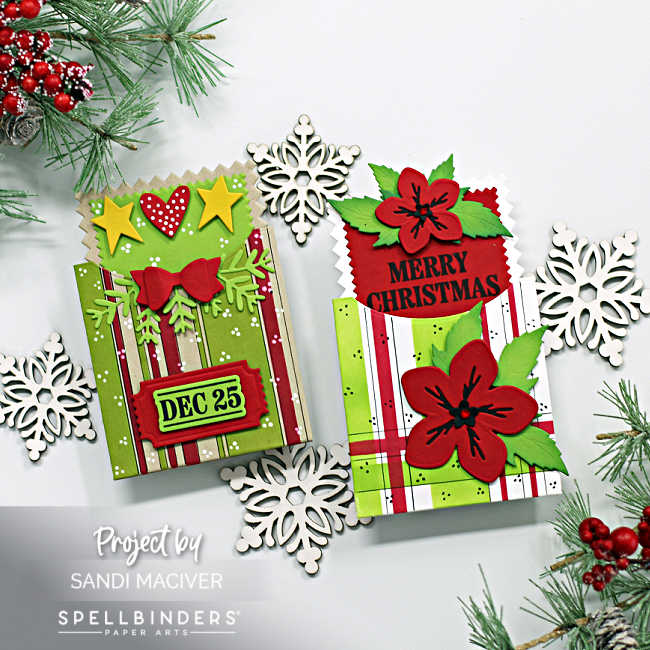 pocket gift card holders, red and green with christmas embellishments and pull outs