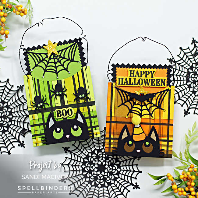 hand made pocket gift card holders, halloween theme in greens yellows and blacks with a die cut kitty