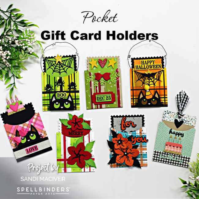 seven hand made pocket gift card holders decorated for halloween, christmas and birthdays