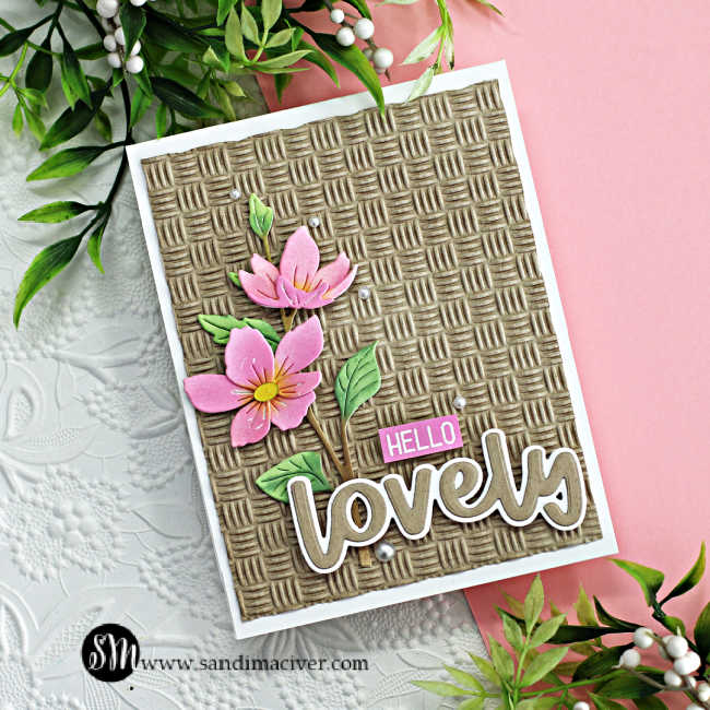 hand made card with a embossed basket weave background with pink and green die cut flowers on the left side and a large die cut sentiment across the bottom