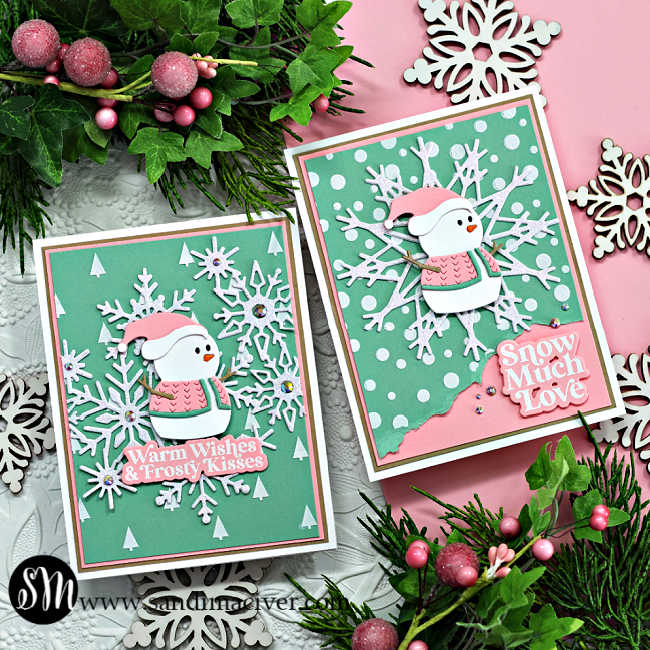 Mint Green and soft pink hand made cards featuring die cut snowflakes and tiny snowmen wearing pink and green sweaters and hats