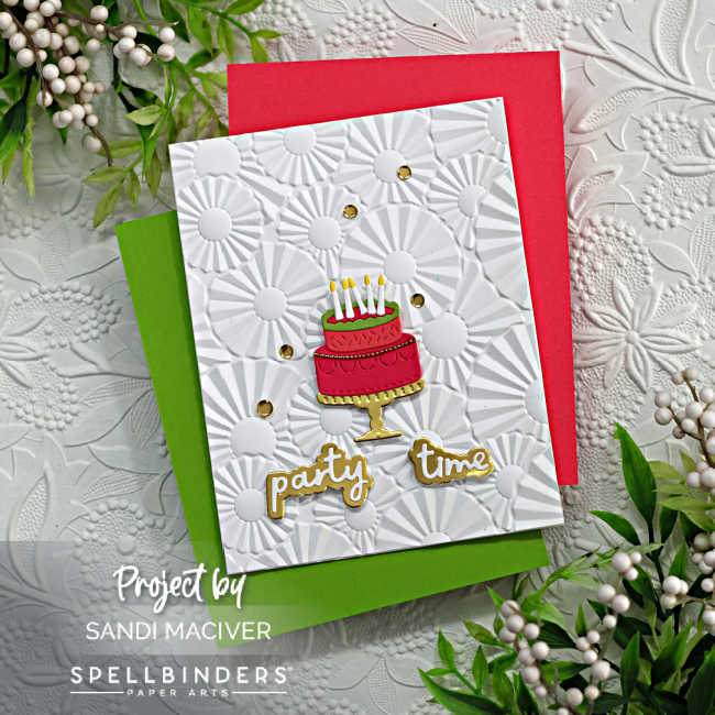 white embossed birthday card with a two tone pink die cut birthday cake on a gold stand with 5 white candles on top