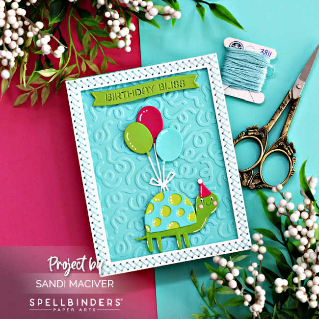 hand made childrens birthday card with a green and turquoise turtle holding balloons with a white stitched border