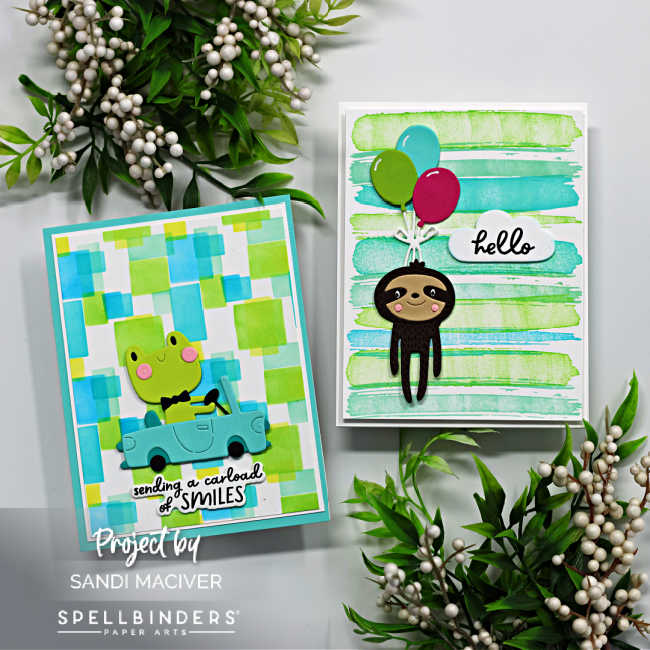 two hand made children's cards with blue and green backgrounds, a frog driving a card and a balloon flying sloth