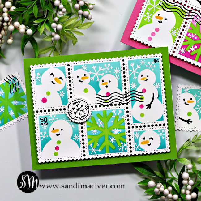 hand made card with a postage collage die cut and little snowmen inside each panel done in teal, green and pink