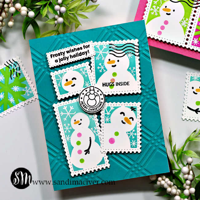 hand made card with a postage collage die cut and little snowmen inside each panel done in teal, green and pink