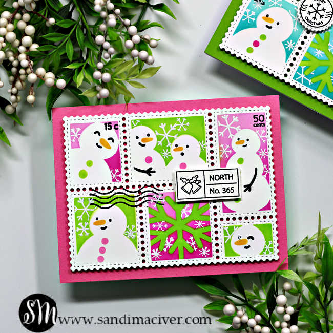 hand made card with a postage collage die cut and little snowmen inside each panel done in teal, green and pink