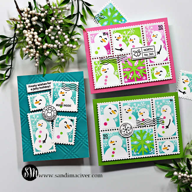 handmade cards with a postage collage with little snowmen in each panel done in teal green and pink