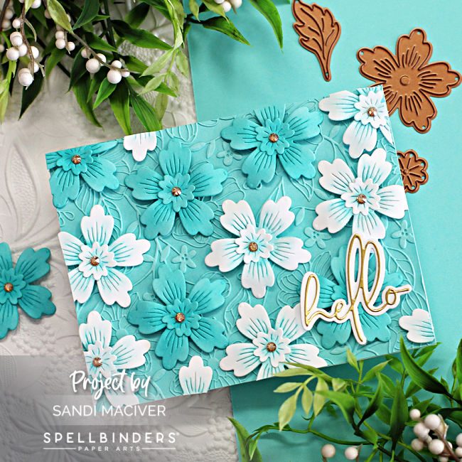 turquoise hand made card full of blue and white flowers