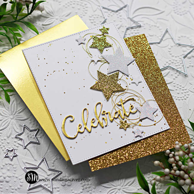 white card covered in gold and white glimmer stars down the right side and the word celebrate in gold