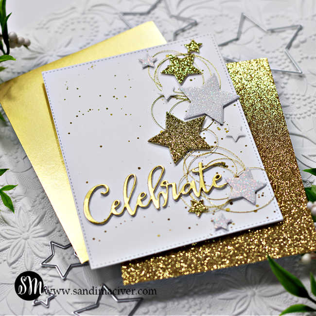 white card covered in gold and white glimmer stars down the right side and the word celebrate in gold