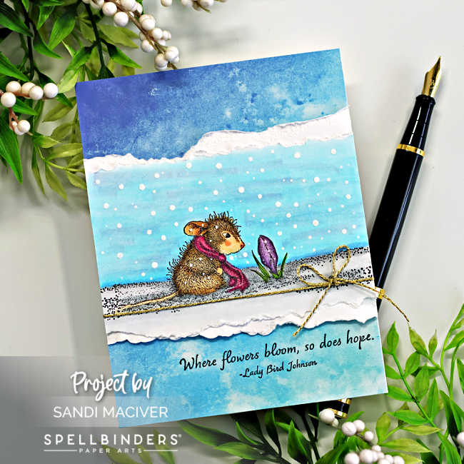 hand made greeting card with a stamped and colored little mouse staring at a crocus in the snow