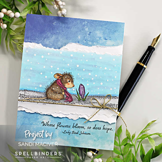 hand made greeting card with a stamped and colored little mouse staring at a crocus in the snow