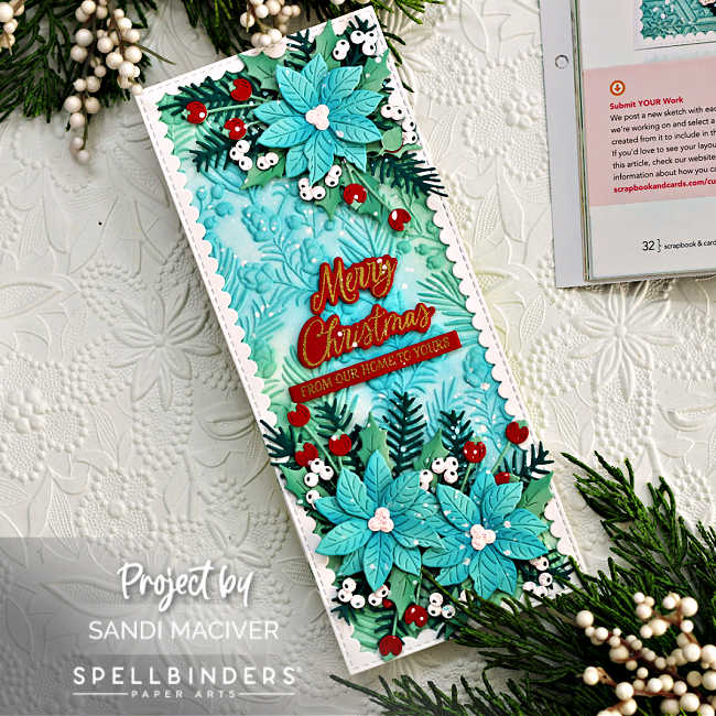 blue white and red holiday card with blue poinsettia, green holly and red berries on a embossed background with a white border