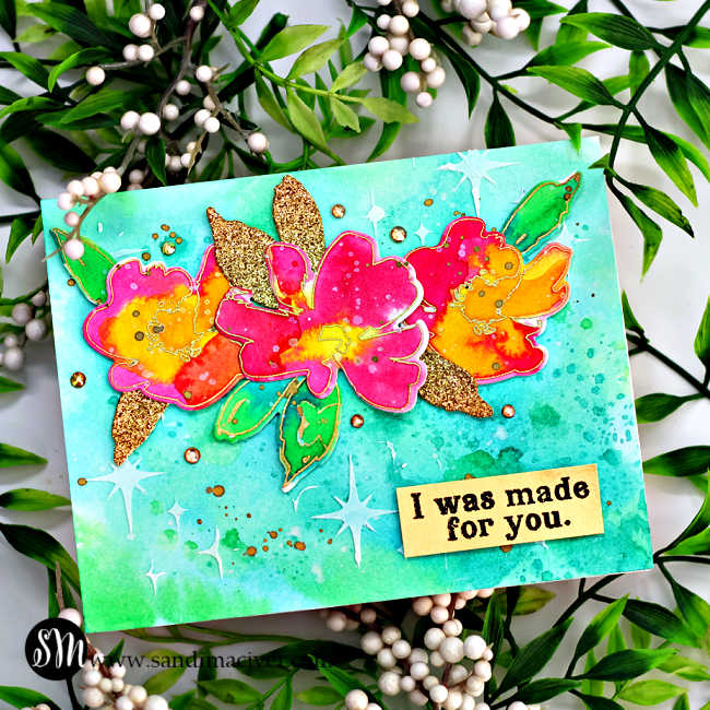 handmade watercolor card with pink and yellow flowers and green and gold leaves