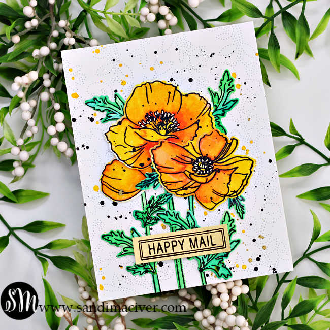 hand made white card with yellow/orange watercolor poppies and green leaves