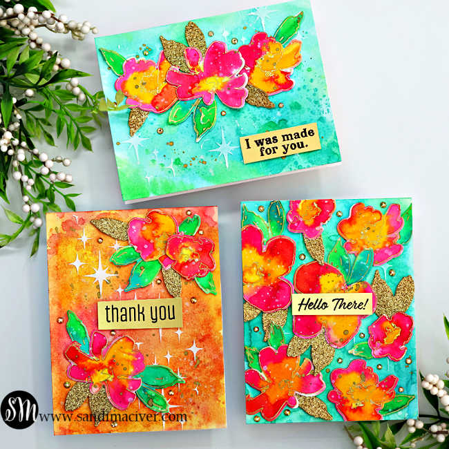 watercolor floral cards with yellow and pink flowers, green and gold leaves on turquoise water color backgrounds