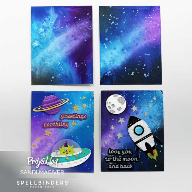 How to create the Milky Way with Distress Oxide Ink Sprays 4 card fronts 