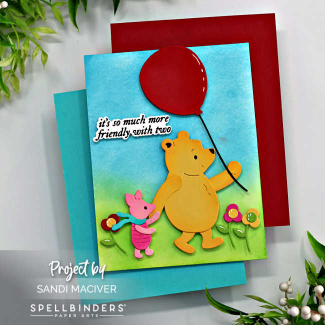 winnie the pooh holding a big red ballon and holding piglets hand as they walk across a green field covered with flowers