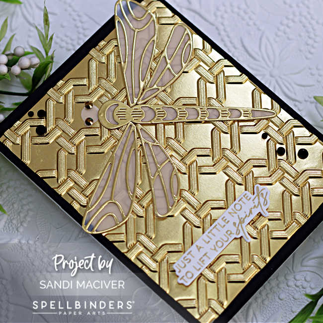 hand made gold and black card base with a vellum and gold die cut dragonfly on top and a support sentiment in gold and white