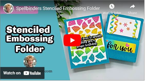 image of a youtube thumbnail for a rainbow ink blended stenciled card with embossed diamonds