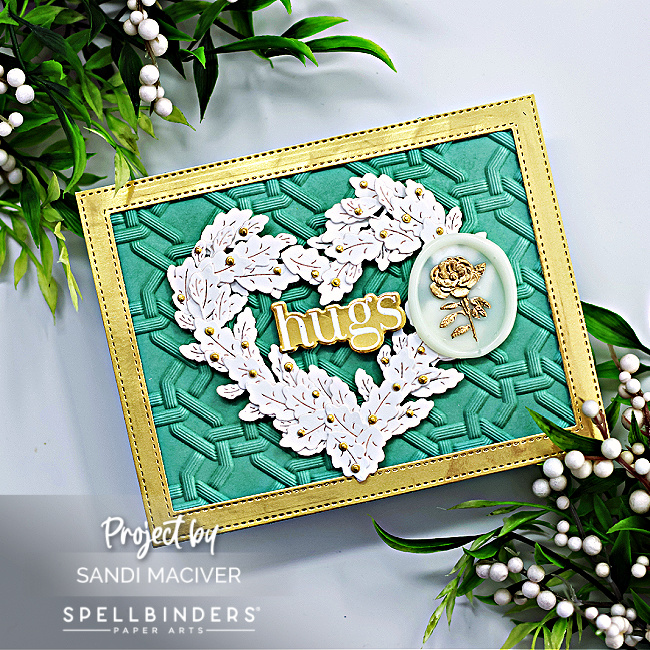 hand made mint colored valentine card with a gold frame, a white heart created from small white leaves, with gold berries, a gold sentiment in the center and a white wax seal with a gold rose in the center