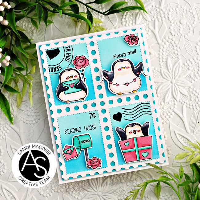 handmade card with 4 postage stamp design with a penguin in three of the spots and a teal mailbox in the forth