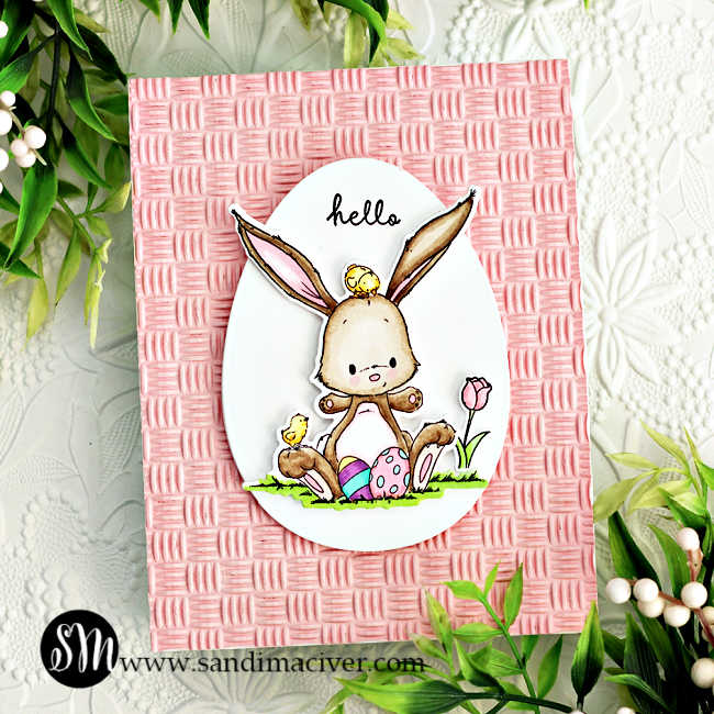 pink hand made Easter card with a white egg shaped frame and a brown bunny with a chick on his head and Easter eggs by his feet