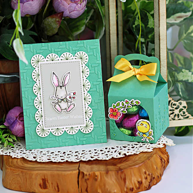 easter card and gift box in mint, decorated with bunnies and chicks and a stitched scalloped border