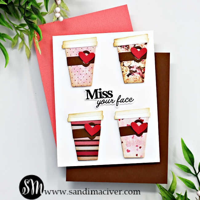 4 coffee cups with different designs in pinks and browns on the front of a white card with a black and white sentiment in the center