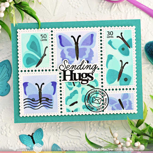 postage stamp style card with teal and purple butterflies and black cancelled stamp overlays on a teal background