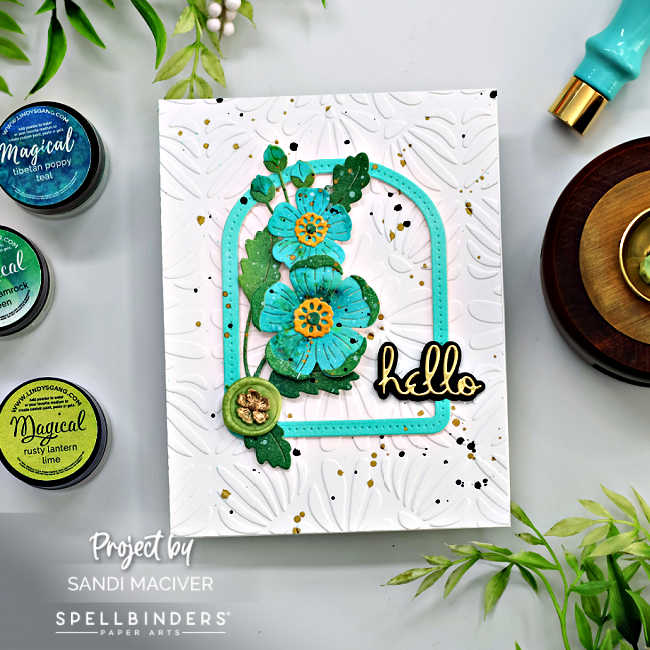 turquoise and white hand made embossed card with a turquoise frame and flowers, green leaves, a green wax seal with a gold flower and a black and white hello sentiment