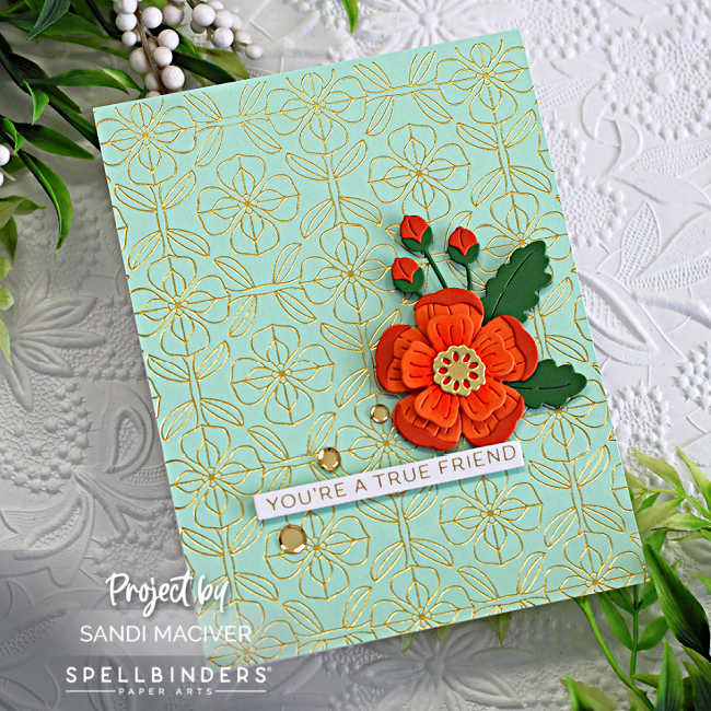 Green and Orange Glimmer Foiled Mosaic background hand made card with orange and green die cut flowers and leaves to celebrate St. Patrick's day