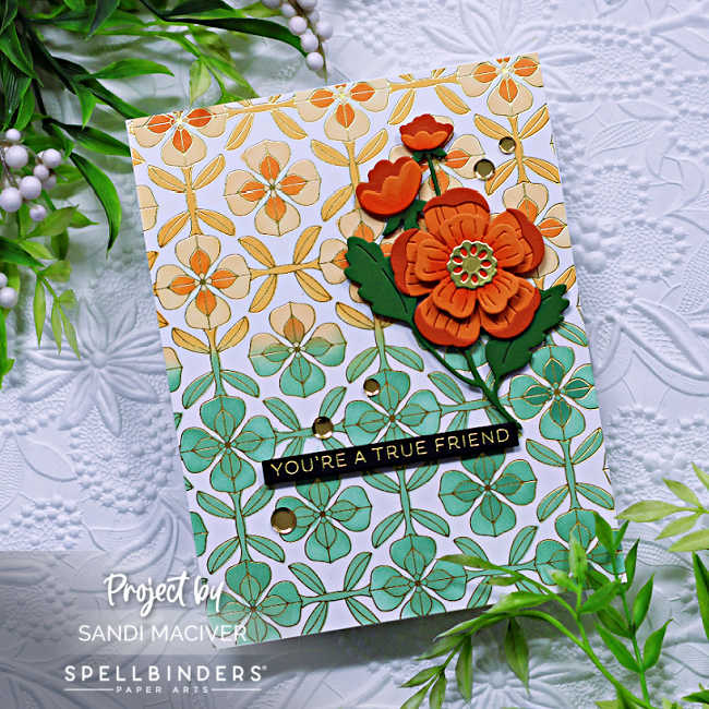 Green and Orange Glimmer Foiled Mosaic background hand made card with orange and green die cut flowers and leaves to celebrate St. Patrick's day