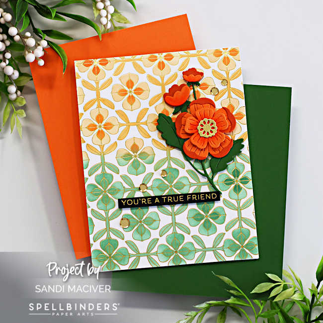 Green and Orange Glimmer Foiled Mosaic background hand made card with orange and green die cut flowers and leaves to celebrate St. Patrick's day