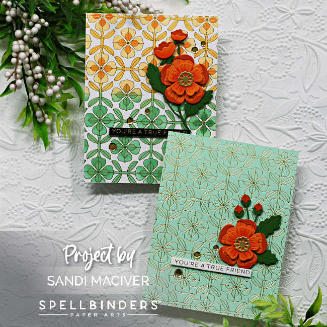 Green and Orange Glimmer Foiled Mosaic background hand made card with orange and green die cut flowers and leaves to celebrate St. Patrick's day