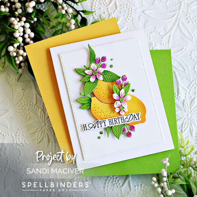 Handmade birthday card featuring die-cut lemons, vibrant green leaves, and pink and white blossoms, created with Spellbinders La Dolce Vita collection. 