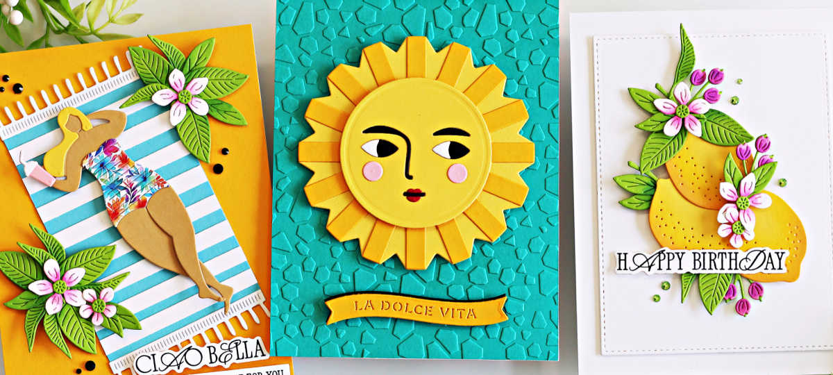 three hand made greeting cards in Mediterranean colors celebrating la dolce vita