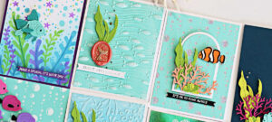 Handmade underwater-themed greeting cards created with the Spellbinders August Club Kits. Designs feature colorful die-cut fish, coral, and seaweed with embossed ocean backgrounds. Sentiments include ‘Make a Splash, It’s Your Day,’ ‘Drift and Dream,’ and ‘It’s OK to Float Awhile.’ The cards showcase vibrant aquatic scenes with layered die cuts, bubbles, and textured details