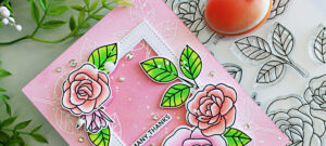 Handmade thank you card created with the Simon Says Stamp and Pretty Pink Posh STAMPtember® "Posh Roses" set. The card features three Copic-colored roses in pink and coral tones with bright green leaves, arranged around a stitched white frame on a pink ink-blended background. The background showcases an emboss resist leaf design using Simon Says Stamp Cheeky and Bubblegum Pawsitively Saturated Inks. The sentiment "Many Thanks" is centered inside the frame, and the design is finished with scattered clear gems for sparkle.